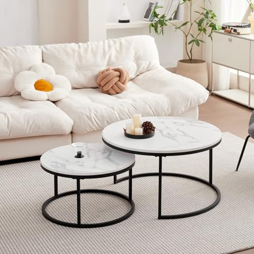 JZGORC Lot de 2 Table Basse Ronde, Table Basse Gigogne, Plateau à Motif en Marbre, Pieds en Métal Peint, Adapté au Salon, Café, Salon (80 * 45cm et 60 * 35cm) - Blanc+Noir