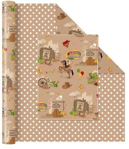 WERNNSAI Western Cowboy Geschenkpapier – 1 Rolle Western Cowboy Geburtstags Geschenkpapier Junge Kinder Wilder Westen Pferd Kaktus Geschenk Verpackung Geburtstagsparty Dekoration Braun 43cm x 10m