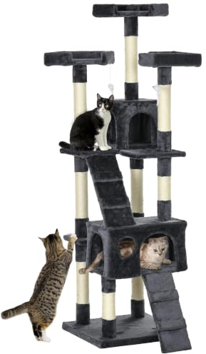 PawHut Árbol Rascador para Gatos Torre Escalador 2 Cuevas 173cm Gris Oscuro