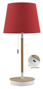 Lámpara de pie con base de madera roja, cargador USB y casquillo E27, ideal para iluminación y carga de dispositivos en cualquier espacio.