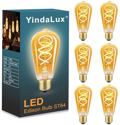 YindaLux Ampoule E27 4W Edison Vintage ST64, 2200K Blanc Chaud Ampoules LED Rétro à Filament Décorative, Verre Ambré Ampoule Equivalent à Ampoule Incandescente 60W, non variable, Lot de 6
