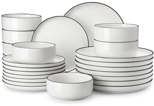 MALACASA Set da tavola moderno in porcellana da 24 pezzi, per 8 persone, piatti e ciotole bianco avorio con bordo nero, set di stoviglie da cucina in ceramica, adatto al microonde e alla