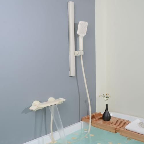 SHANFO Badewannenarmatur mit Handbrause, Wannenarmatur mit Duschstange, Wasserfall Armatur Badewanne Set, Weiß, 14Y6OK-B