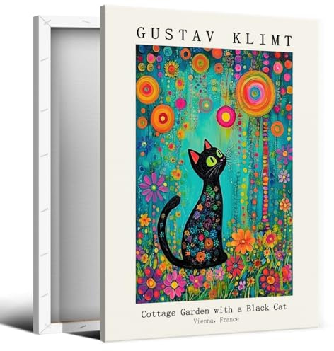 Gustav Klimt - Stampa artistica da parete su tela, motivo: gatto nero Klimt in giardino, riproduzione di famosi dipinti ad olio, stampe floreali classiche di gatto nero, per camera da letto e