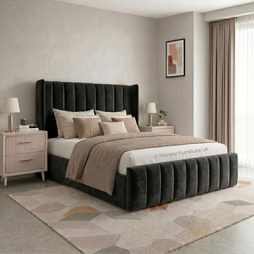 PioneerfurnitureUK Wing Panel Ottoman Storage Bed Gas Lift,Black Plush Velvet Upholstered Bed Frame - double ottoman bed frame black, black Wing 4ft6 king ottoman
