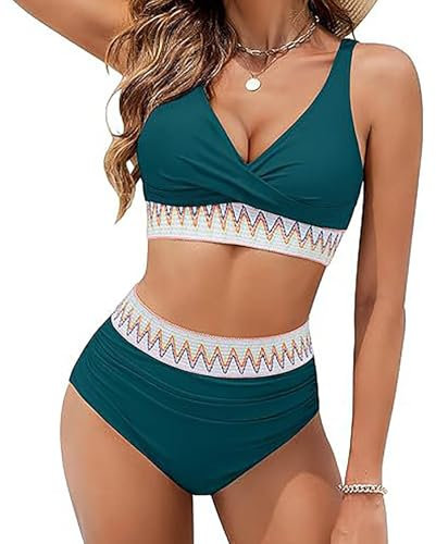 Bikini Damen Set Push Up Badeanzug V-Ausschnitt Badeanzüge Sommer Oberteil mit Badeshorts Frauen Bademode Zweiteiler mit Triangel Bikinihose Sport Schwimmanzug Sportbikini Sexy Swimsuit Grün L
