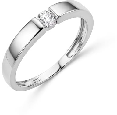 MIORE Bague Femme, Bague de Fiançailles avec Diamant 0.15 Ct serti Tension en Or Blanc/Or Jaune 9 Carats 375, Bague Solitaire, Alliance Femme, Bijoux Femme Hypoallergéniques Fabriqués à La Main