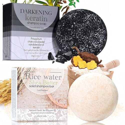 2PCS Charcoal Shampoo Bar + Shea Butter Shampoo Bar with Coconut Oil – Solid Soap for Hair Growth, Anti-Hair Loss, Volumizing & Strengthening – Vegan, Nourishing Dry/Damaged Hair Care