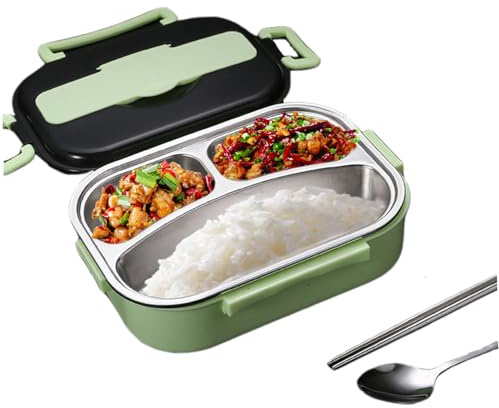 Thermal Lunch Box, 1L 3 Compartments Stainless Steel Lunch Box, Leakproof Insulated Food Container with Cutlery & Cutlery Holder Portable for Kids Adults &&