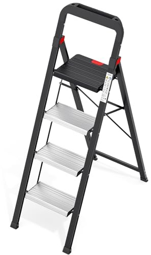 Urackify Stege, 4 steg, vikbar stegstege med verktygshylla, halkfria aluminiumpedaler, säkerhetslås, stegstegsstegens kapacitet på 150 kg, bärbar lätt för hem, kök och garage