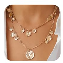 SAVNOJW Vintage Layered Gold Hammered Coin Pendant Choker Necklace for Woman Trendy, Charm Silver Round Coin Chain Necklaces Costume Accessories Jewelry Gifts (Gold)