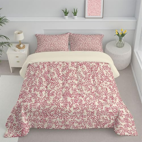 JEDTAKCT Piumino Letto Singolo 4 Stagioni 140X200, Rosa Bianco Reversibile Piumone Leggero, Pois Floreali Piante Romantiche Coperta Trapunta In Microfibra, Lavabile In Lavatrice