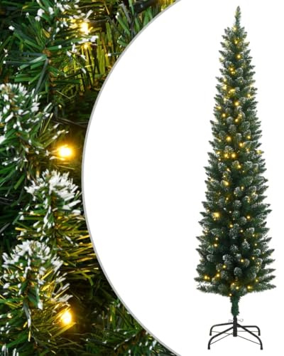 Albero di Natale Artificiale Sottile in PVC con Supporto in Acciaio e 150 LED, Design Effetto Neve Salvaspazio, Albero di Natale con Luci Incorporate, Christmas Tree, per Interni, Verde Bianco, 150 cm