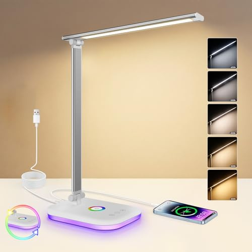 Schreibtischlampe LED Dimmbar 10W, Tischlampe mit 5 Farb und 10%-100% Stufenloses Dimmen, Desk Lamp USB Ladeanschluss Touch Steuerung, RGB Nachttischlampe, für Kinder, Schlafzimmer, Lektüre(Weiß)