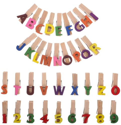 VANZACK 35 pièces Mini Pinces à Linge Bois avec Chiffres et Lettres Clips Photo et Notes pour Bureau et École Porte-Cartes et Organisation Polyvalente