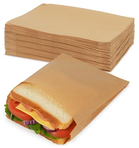 200 Pack Paper Sandwich Bags with Seal Stickers, 6×8×1 Unbleached Natural Kraft Paper Bakery Bags for Lunch Packing, Cookies, Treats, Snacks, Pastry, Baked Goods