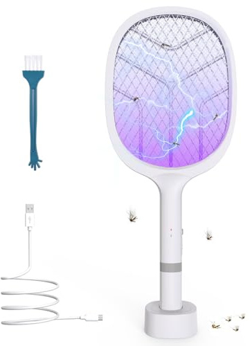 Elektrische Fliegenklatsche 4800V Extra Stark, 2 in 1 Mückenklatsche Elektrisch mit UV Lichtfalle, USB-C Aufladbar Insektenvernichter, Fliegenfänger & Mückenfalle für Innen Schlafzimmer Outdoor