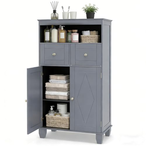 LIFEZEAL Badezimmerschrank, Freistehender Badschrank, Modern Hochschrank mit 2 Schubladen & Türen, offenem Fach, Aufbewahrungsschrank Holz für Badezimmer, Wohnzimmer, Küche, 56 x 30 x 108 cm (Grau) | Freistehender Badezimmerschrank aus Holz, 56 x 30 x 108 cm, moderner Badezimmerschrank mit offenem Fach, platzsparend
