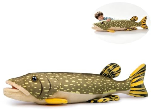 lilizzhoumax XXL Hecht Kuscheltier 80cm, Riesen Hecht Plüschtier mit Gewichtsperlen, Weiches Langes Fisch Seitenschläferkissen, Lustiges Realistisches Dekokissen Geschenk für Kinder & Erwachsene