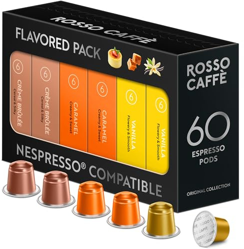 ROSSO CAFFÈ Capsules Nespresso 60 Pièces Café Aromatisé, 3 Variétés Premium Assortiment, Capsules Café compatibles Nespresso, compatible avec Machines Originales