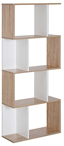 HOMCOM Bibliothèque à 4 Niveaux, Meuble de Rangement en Forme de S avec étagères, étagère de Rangement pour Salon, Chambre Bureau, 60 x 24 x 148 cm, Bois Naturel et Blanc