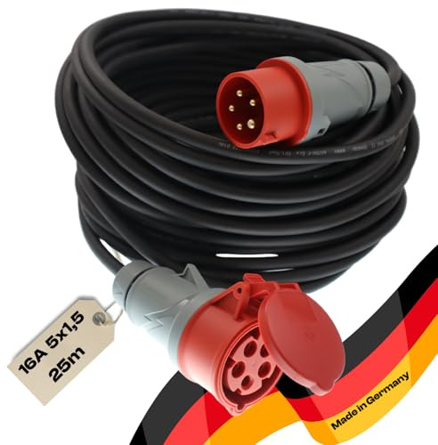 netbote24 maxgo CEE Verlängerungskabel Starkstromkabel H07RN-F 5x1,5mm² 16A 400V Flexibles wetterfestes Industriekabel MENNEKES 5P Gummiverlängerung 25m