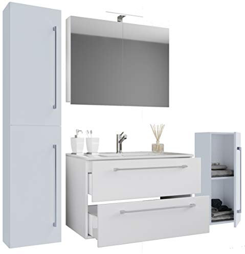 VCM 5-TLG. Set | 1 Waschtisch mit Zwei Schubladen, 1 Spiegelschrank, 1 Waschbecken, 1 Midischrank, 1 Hochschrank | Keramik Waschbecken | hängend Unterschrank 80 cm | Badmöbel Set Waschplatz – Badinos