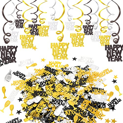 HOWAF Silvester Deko 2027, 15 Teilig Happy New Year Deko Deckenhänger Spiralen Girlande und Silvester Konfetti, schwarz, Gold, Silber