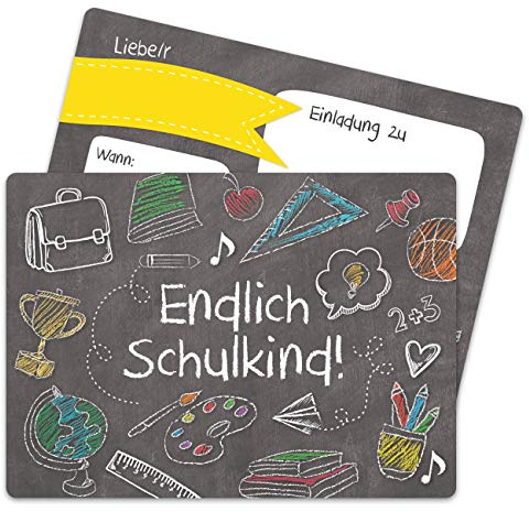 Papierdrachen 12 Einladungskarten zur Einschulung - Einladung mit Tafel-Motiv zum Schulbeginn - Schulstart Erstklässler Erste Klasse - Ich werde Schulkind