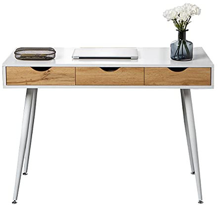 sogesfurniture Schreibtisch mit 3 Schubladen, Moderner Computertisch Bürotisch Arbeitstisch PC Laptop Tisch mit 4 Metallbeine in Weiß, 110 * 50 * 78cm, BHEU-GCBG1016
