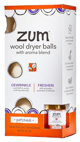 Indigo Wild Zum Laundry Dryer Balls Kit - Wool Laundry Balls for The Dryer - Essential Oil Spray - Reusable Drying Balls for Laundry - Patchouli - (3 Dryer Balls, 1 Aroma Blend)