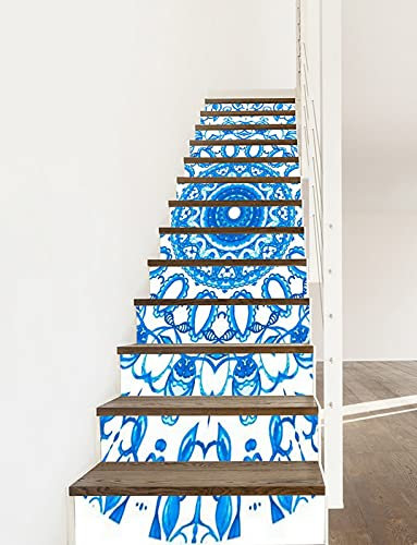 A.Monamour 13 Pezzi Adesivi per Scale Alzate Gradini Autoadesiva 3D Disegno Del Cerchio Rotondo Delle Piastrelle Di Ceramica Blu E Bianche Disegnate Vinile PVC Adesivo Pellicola Scala Scalini Stickers