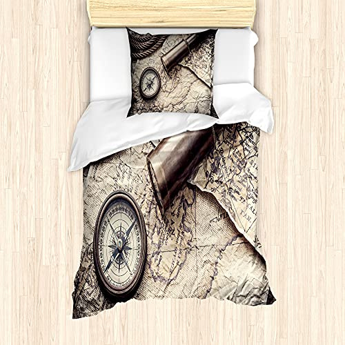 ABAKUHAUS Kompass Bettbezug Set für Einzelbetten, Nostalgischer Maritime Werkzeuge, Milbensicher Allergiker geeignet mit Kissenbezug,Beige Taupe
