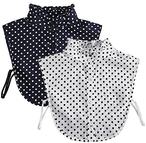 LoudSung False Collar Detachable Blouse Fake Collar Half Shirts Collar Polka Dots Designed Cotton Top Elegant for Women 2PCS