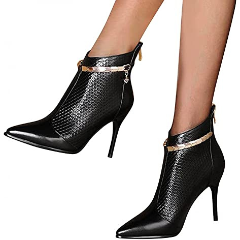 Tacón de Aguja Botines para Mujer Dedo del pie Puntiagudo Botín con Cremalleras Traseras con Cadena de Diamantes de Imitación de Metal para Fiestas Graduación ( Color : Black , Size : 37 EU )