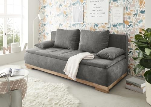 Stella Trading MILA Bequemes Schlafsofa mit Bettkasten in Artisan Eiche Optik, Stone - Ausziehbares Sofa mit Schlaffunktion - 208 x 93 x 105 cm (B/H/T)