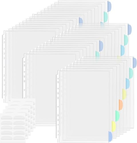40 Pack A4 Plastic Sleeves Binder Separators with Tabs Binder Pocket 11 Holes Tabs Divider Binder Folders for 2/3/4 Ring Document Pouch Transparent for School Home Office
