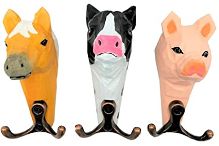 your castle Wandhaken Bauernhof Tier Familie Tierköpfe - 2-fach Garderobenhaken aus Holz 3er-Set Pferd, Kuh, Schwein, 11 x 6 cm