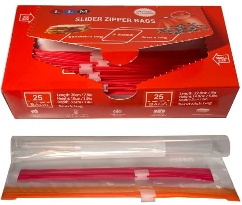 Small Slider Freezer Bags by LLM - Heavy Duty Ziplock Bags, Stand Up, Airtight and Leakproof Smart Zip Seal, BPA Free, Resealable Food Bags for Travel (25 Sandwich Bags & 25 Snack Bags)-50 Bags