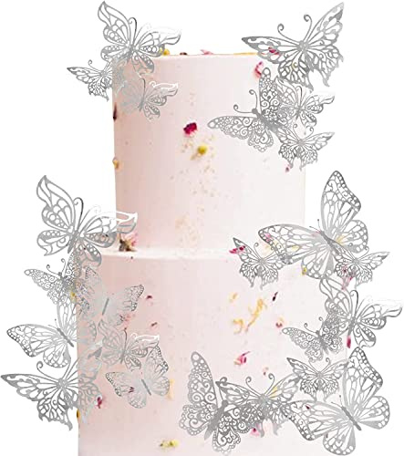 40 Stück Tortendeko, 3D Schmetterling Cupcake Topper mit Eisenstangen Schmetterling Tortendeko Geburtstag Butterfly Cake Toppers für Hochzeit Jahrestag Geburtstag Party Kuchen Dekoendeko Silber