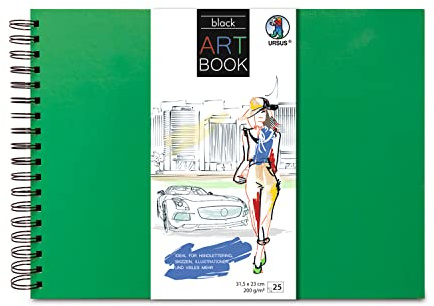 Ursus 25310058 - Art Book Schwarz, 200g/qm mit stabiler Spiralbindung, wasserabweisendes Hardcover in Grasgrün, schützt Kunstwerke und Handlettering-Skizzen