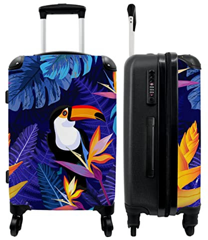 NoBoringSuitcases.com® Koffer groß Trolley Rollkoffer Reisekoffer mit 4 Rollen Fotokoffer - Dschungel - Tukan - Blumen - Pflanzen - Kinder - Lila - Tiere - 67x43x25cm - 90 Liter