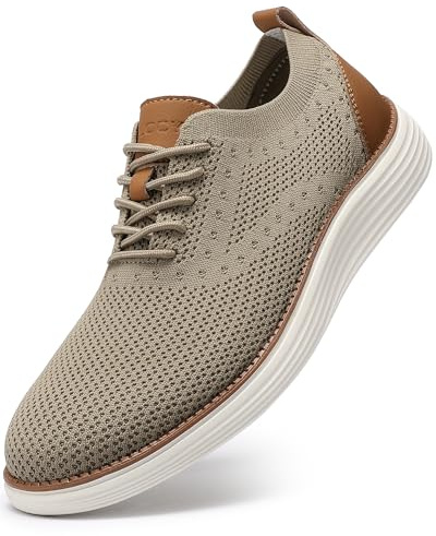 VILOCY Men's Casual Dress Sneakers Oxfords Business Shoes Lace Up Lightweight Comfortable Breathable Walking Knit Mesh Fashion Sneakers Tennis Khaki,EU48