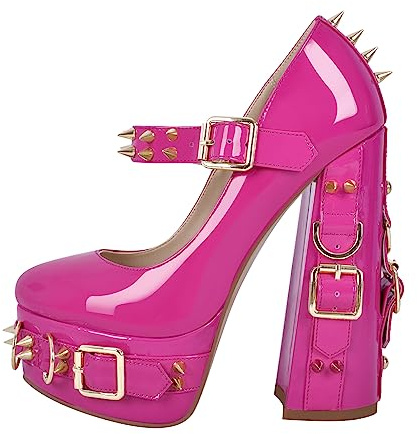 Only maker Scarpe da donna Mary Jane Lolita con tacco alto, fucsia lacca, 39 EU