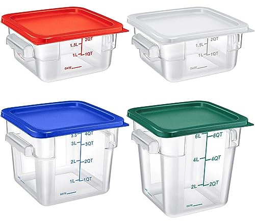 Huwena Set di 4 contenitori per alimenti con coperchio, quadrati, trasparenti, con bilance e manici, per la cucina di casa, pasta, marinare la carne (2, 2, 4, 6 Qt, colorati)