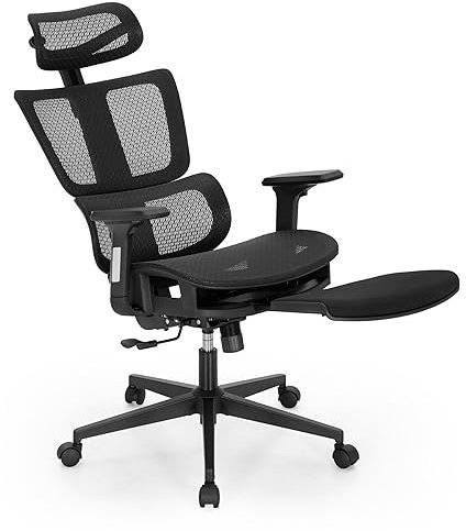 ALPHA HOME Bürostuhl Ergonomischer Schreibtischstuhl mit Fußstütze und Verstellbarer Kopfstütz, Atmungsaktiver Chefsessel mit 3D Armlehne und hoher Rückenlehne, Computerstuhl bis zu 160kg belastbar