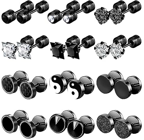 NEWITIN 12 Pairs Stainless Steel Stud Earrings for Men Hypoallergenic Earring Flatback Black Earring Set Screw Back Studs Inlaid Cubic Zirconia Stud Earrings for Women Men