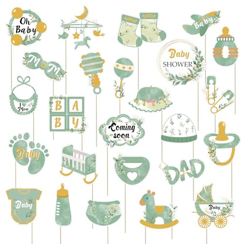 Salbei Baby Dusche Photo Booth Requisiten 25pcs Greenery Selfie Requisiten für Junge Mädchen Boho Dschungel Safari Neutral Geschlecht Woodland Willkommen Oh Sweet Baby Dusche Dekor