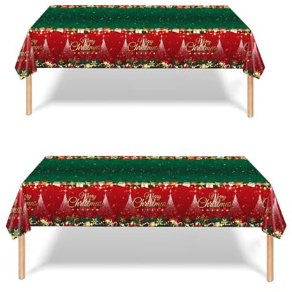 2 Pack Christmas Table Cloth, 137x274cm Rectangle Large Plastic Green Tablecloth Holly Santa Party Tableware Decorations, Xmas Tablecovers for Winter Holiday Xmas Party Dinner Table Cloths