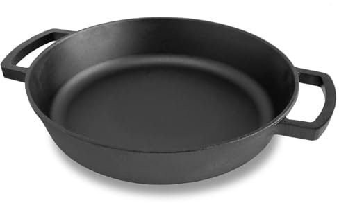 4BIG.fun Poêle en fonte Ø 36 cm – Poêle à frire avec deux poignées – Faitout en fonte – Poêle de service, cocotte, sauteuse adaptée pour barbecue à gaz, four, foyer, tous feux dont induction